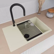 HD Onyx White 78-XL egymedencés mosogatótálca szett, matt fekete csepegtetőráccsal és kosárral, csepegtetőtálcával, tört fehér színben, matt fekete leeresztő szifonnal