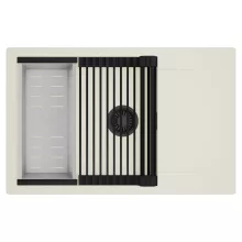 HD Onyx White 78-XL egymedencés mosogatótálca szett, matt fekete csepegtetőráccsal és krómozott kosárral, csepegtetőtálcával, tört fehér színben, matt fekete leeresztő szifonnal