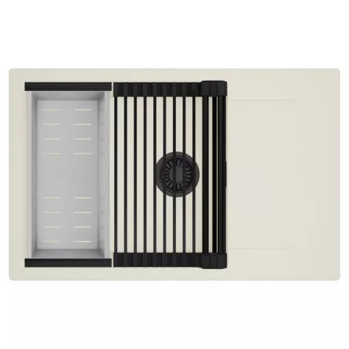 HD Onyx White 78-XL egymedencés mosogatótálca szett, matt fekete csepegtetőráccsal és krómozott kosárral, csepegtetőtálcával, tört fehér színben, matt fekete leeresztő szifonnal