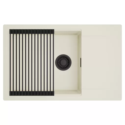 HD Onyx White 78-XL egymedencés mosogatótálca szett, matt fekete csepegtetőráccsal, csepegtetőtálcával, tört fehér színben, matt fekete leeresztő szifonnal