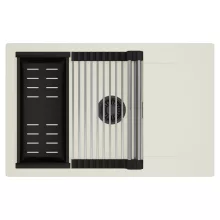 HD Onyx White 78-XL egymedencés mosogatótálca szett, acél csepegtetőráccsal és matt fekete kosárral, csepegtetőtálcával, tört fehér színben, matt fekete leeresztő szifonnal