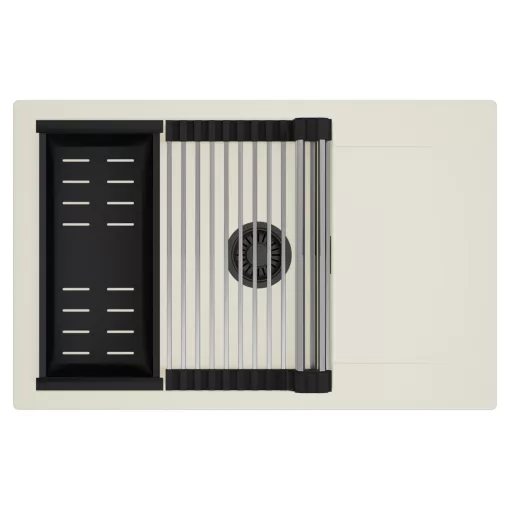 HD Onyx White 78-XL egymedencés mosogatótálca szett, acél csepegtetőráccsal és matt fekete kosárral, csepegtetőtálcával, tört fehér színben, matt fekete leeresztő szifonnal