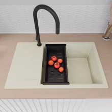 HD Onyx White 78-XL egymedencés mosogatótálca szett, acél csepegtetőráccsal és matt fekete kosárral, csepegtetőtálcával, tört fehér színben, matt fekete leeresztő szifonnal