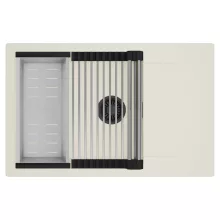 HD Onyx White 78-XL egymedencés mosogatótálca szett, acél csepegtetőráccsal és kosárral, csepegtetőtálcával, tört fehér színben, matt fekete leeresztő szifonnal