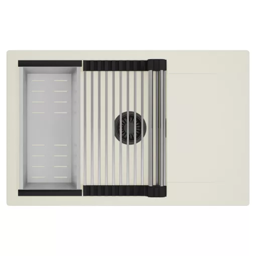 HD Onyx White 78-XL egymedencés mosogatótálca szett, acél csepegtetőráccsal és kosárral, csepegtetőtálcával, tört fehér színben, matt fekete leeresztő szifonnal