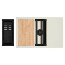 HD Onyx White 78-XL egymedencés mosogatótálca szett, vágódeszkával, matt fekete csepegtetőráccsal és kosárral, csepegtetőtálcával, tört fehér színben, matt fekete leeresztő szifonnal