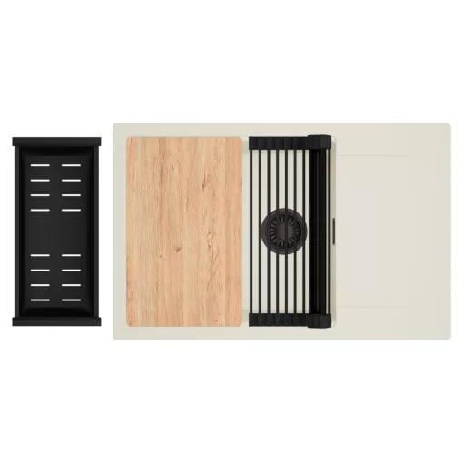 HD Onyx White 78-XL egymedencés mosogatótálca szett, vágódeszkával, matt fekete csepegtetőráccsal és kosárral, csepegtetőtálcával, tört fehér színben, matt fekete leeresztő szifonnal