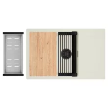 HD Onyx White 78-XL egymedencés mosogatótálca szett, vágódeszkával, matt fekete csepegtetőráccsal és krómozott kosárral, csepegtetőtálcával, tört fehér színben, matt fekete leeresztő szifonnal