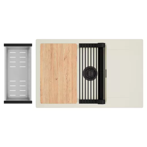 HD Onyx White 78-XL egymedencés mosogatótálca szett, vágódeszkával, matt fekete csepegtetőráccsal és krómozott kosárral, csepegtetőtálcával, tört fehér színben, matt fekete leeresztő szifonnal