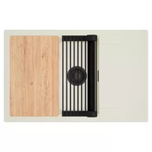 HD Onyx White 78-XL egymedencés mosogatótálca szett, vágódeszkával, matt fekete csepegtetőráccsal, csepegtetőtálcával, tört fehér színben, matt fekete leeresztő szifonnal