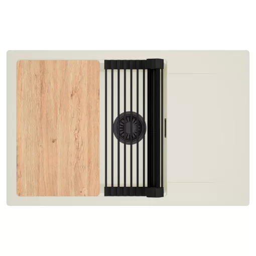 HD Onyx White 78-XL egymedencés mosogatótálca szett, vágódeszkával, matt fekete csepegtetőráccsal, csepegtetőtálcával, tört fehér színben, matt fekete leeresztő szifonnal