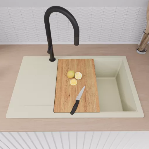 HD Onyx White 78-XL egymedencés mosogatótálca szett, vágódeszkával, matt fekete csepegtetőráccsal, csepegtetőtálcával, tört fehér színben, matt fekete leeresztő szifonnal