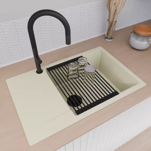 HD Onyx White 78-XL egymedencés mosogatótálca szett, vágódeszkával, matt fekete csepegtetőráccsal, csepegtetőtálcával, tört fehér színben, matt fekete leeresztő szifonnal