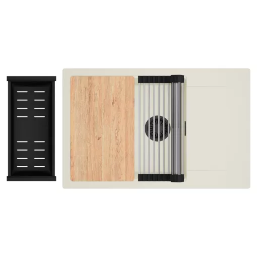 HD Onyx White 78-XL egymedencés mosogatótálca szett, vágódeszkával, acél csepegtetőráccsal és matt fekete kosárral, csepegtetőtálcával, tört fehér színben, matt fekete leeresztő szifonnal