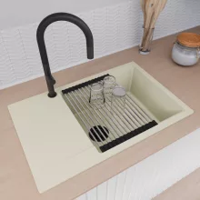 HD Onyx White 78-XL egymedencés mosogatótálca szett, vágódeszkával, acél csepegtetőráccsal és matt fekete kosárral, csepegtetőtálcával, tört fehér színben, matt fekete leeresztő szifonnal