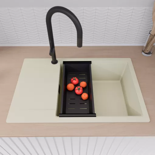 HD Onyx White 78-XL egymedencés mosogatótálca szett, vágódeszkával, acél csepegtetőráccsal és matt fekete kosárral, csepegtetőtálcával, tört fehér színben, matt fekete leeresztő szifonnal