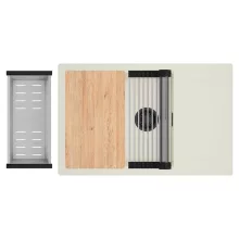 HD Onyx White 78-XL egymedencés mosogatótálca szett, vágódeszkával, acél csepegtetőráccsal és kosárral, csepegtetőtálcával, tört fehér színben, matt fekete leeresztő szifonnal