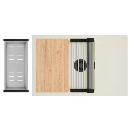 HD Onyx White 78-XL egymedencés mosogatótálca szett, vágódeszkával, acél csepegtetőráccsal és kosárral, csepegtetőtálcával, tört fehér színben, matt fekete leeresztő szifonnal