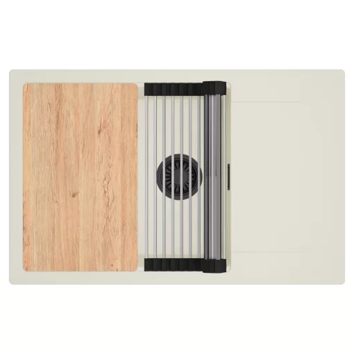 HD Onyx White 78-XL egymedencés mosogatótálca szett, vágódeszkával, acél csepegtetőráccsal, csepegtetőtálcával, tört fehér színben, matt fekete leeresztő szifonnal