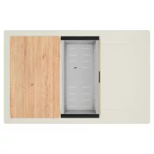 HD Onyx White 78-XL egymedencés mosogatótálca szett, vágódeszkával, acél csepegtetőkosárral, csepegtetőtálcával, tört fehér színben, matt fekete leeresztő szifonnal