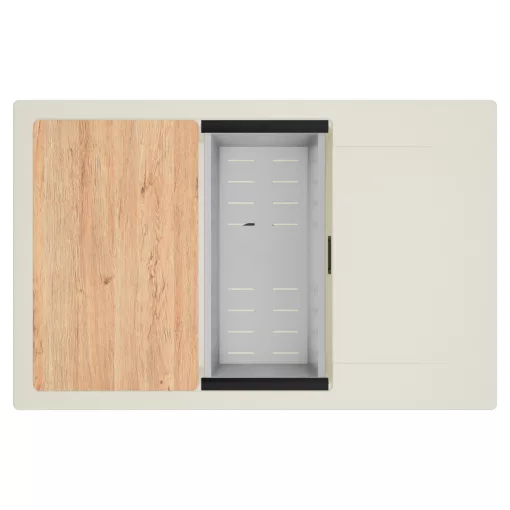 HD Onyx White 78-XL egymedencés mosogatótálca szett, vágódeszkával, acél csepegtetőkosárral, csepegtetőtálcával, tört fehér színben, matt fekete leeresztő szifonnal