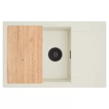 HD Onyx White 78-XL egymedencés mosogatótálca, vágódeszkával, csepegtetőtálcával, tört fehér színben, matt fekete leeresztő szifonnal