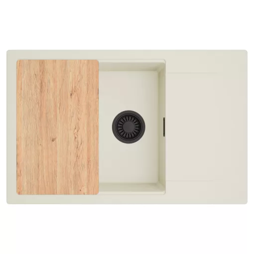 HD Onyx White 78-XL egymedencés mosogatótálca, vágódeszkával, csepegtetőtálcával, tört fehér színben, matt fekete leeresztő szifonnal