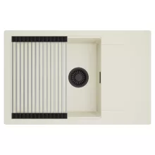 HD Onyx White 78-XL egymedencés mosogatótálca szett, acél csepegtetőráccsal, csepegtetőtálcával, tört fehér színben, matt fekete leeresztő szifonnal