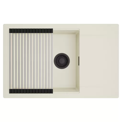 HD Onyx White 78-XL egymedencés mosogatótálca szett, acél csepegtetőráccsal, csepegtetőtálcával, tört fehér színben, matt fekete leeresztő szifonnal