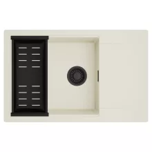 HD Onyx White 78-XL egymedencés mosogatótálca szett, matt fekete csepegtetőkosárral, csepegtetőtálcával, tört fehér színben, matt fekete leeresztő szifonnal