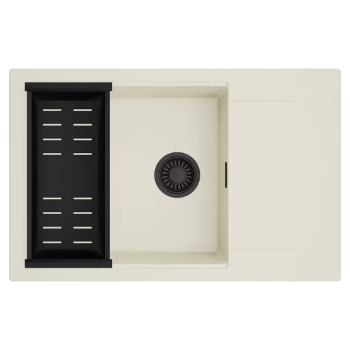 HD Onyx White 78-XL egymedencés mosogatótálca szett, matt fekete csepegtetőkosárral, csepegtetőtálcával, tört fehér színben, matt fekete leeresztő szifonnal