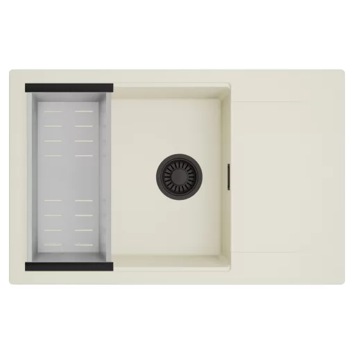 HD Onyx White 78-XL egymedencés mosogatótálca szett, acél csepegtetőkosárral, csepegtetőtálcával, tört fehér színben, matt fekete leeresztő szifonnal