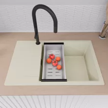 HD Onyx White 78-XL egymedencés mosogatótálca szett, acél csepegtetőkosárral, csepegtetőtálcával, tört fehér színben, matt fekete leeresztő szifonnal