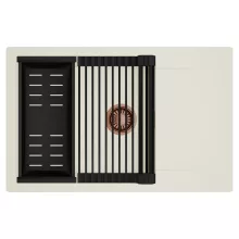 HD Onyx White 78-XL egymedencés mosogatótálca szett, matt fekete csepegtetőráccsal és kosárral, csepegtetőtálcával, tört fehér színben, szálcsiszolt réz leeresztő szifonnal