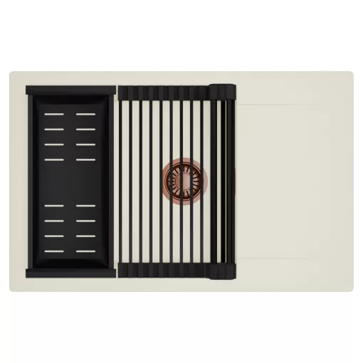 HD Onyx White 78-XL egymedencés mosogatótálca szett, matt fekete csepegtetőráccsal és kosárral, csepegtetőtálcával, tört fehér színben, szálcsiszolt réz leeresztő szifonnal