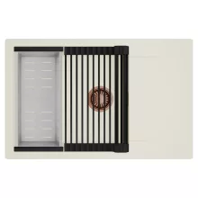 HD Onyx White 78-XL egymedencés mosogatótálca szett, matt fekete csepegtetőráccsal és krómozott kosárral, csepegtetőtálcával, tört fehér színben, szálcsiszolt réz leeresztő szifonnal