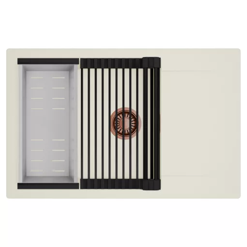 HD Onyx White 78-XL egymedencés mosogatótálca szett, matt fekete csepegtetőráccsal és krómozott kosárral, csepegtetőtálcával, tört fehér színben, szálcsiszolt réz leeresztő szifonnal