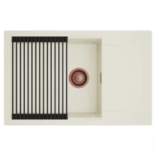 HD Onyx White 78-XL egymedencés mosogatótálca szett, matt fekete csepegtetőráccsal, csepegtetőtálcával, tört fehér színben, szálcsiszolt réz leeresztő szifonnal