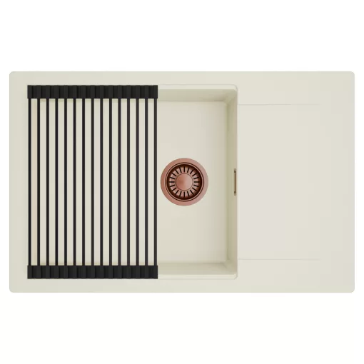 HD Onyx White 78-XL egymedencés mosogatótálca szett, matt fekete csepegtetőráccsal, csepegtetőtálcával, tört fehér színben, szálcsiszolt réz leeresztő szifonnal