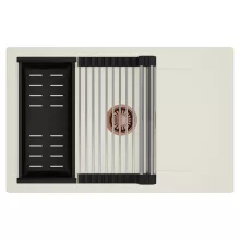 HD Onyx White 78-XL egymedencés mosogatótálca szett, acél csepegtetőráccsal és matt fekete kosárral, csepegtetőtálcával, tört fehér színben, szálcsiszolt réz leeresztő szifonnal