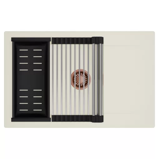 HD Onyx White 78-XL egymedencés mosogatótálca szett, acél csepegtetőráccsal és matt fekete kosárral, csepegtetőtálcával, tört fehér színben, szálcsiszolt réz leeresztő szifonnal