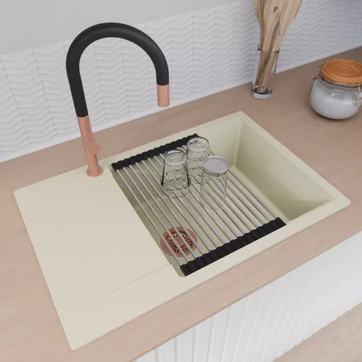 HD Onyx White 78-XL egymedencés mosogatótálca szett, acél csepegtetőráccsal és matt fekete kosárral, csepegtetőtálcával, tört fehér színben, szálcsiszolt réz leeresztő szifonnal