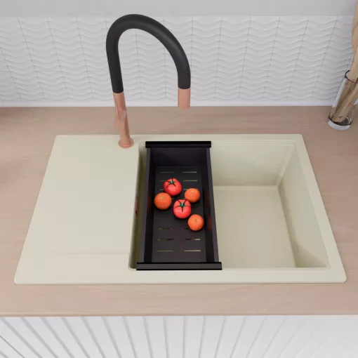 HD Onyx White 78-XL egymedencés mosogatótálca szett, acél csepegtetőráccsal és matt fekete kosárral, csepegtetőtálcával, tört fehér színben, szálcsiszolt réz leeresztő szifonnal