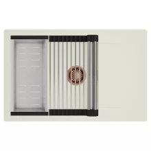 HD Onyx White 78-XL egymedencés mosogatótálca szett, acél csepegtetőráccsal és kosárral, csepegtetőtálcával, tört fehér színben, szálcsiszolt réz leeresztő szifonnal