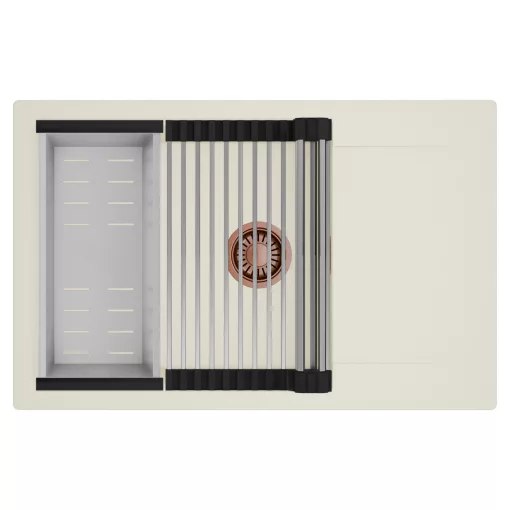 HD Onyx White 78-XL egymedencés mosogatótálca szett, acél csepegtetőráccsal és kosárral, csepegtetőtálcával, tört fehér színben, szálcsiszolt réz leeresztő szifonnal