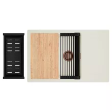 HD Onyx White 78-XL egymedencés mosogatótálca szett, vágódeszkával, matt fekete csepegtetőráccsal és kosárral, csepegtetőtálcával, tört fehér színben, szálcsiszolt réz leeresztő szifonnal