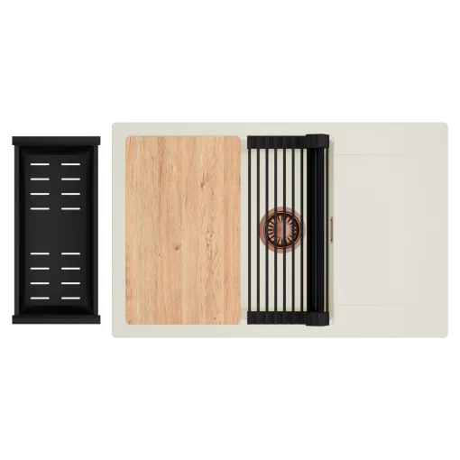 HD Onyx White 78-XL egymedencés mosogatótálca szett, vágódeszkával, matt fekete csepegtetőráccsal és kosárral, csepegtetőtálcával, tört fehér színben, szálcsiszolt réz leeresztő szifonnal