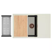 HD Onyx White 78-XL egymedencés mosogatótálca szett, vágódeszkával, matt fekete csepegtetőráccsal és krómozott kosárral, csepegtetőtálcával, tört fehér színben, szálcsiszolt réz leeresztő szifonnal