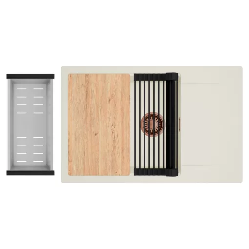 HD Onyx White 78-XL egymedencés mosogatótálca szett, vágódeszkával, matt fekete csepegtetőráccsal és krómozott kosárral, csepegtetőtálcával, tört fehér színben, szálcsiszolt réz leeresztő szifonnal