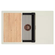 HD Onyx White 78-XL egymedencés mosogatótálca szett, vágódeszkával, matt fekete csepegtetőráccsal, csepegtetőtálcával, tört fehér színben, szálcsiszolt réz leeresztő szifonnal